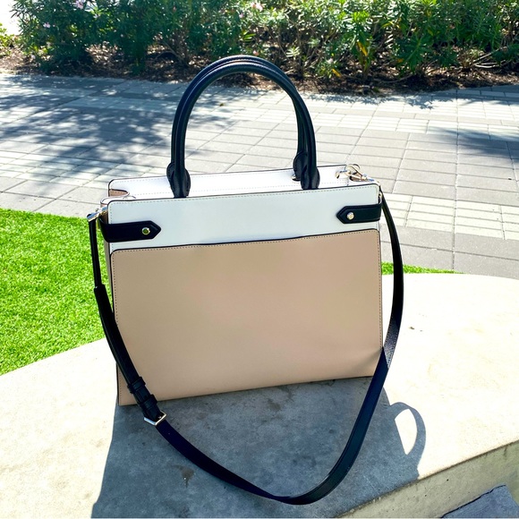 Kate Spade Silver Logo Leather Beige Black & White Tote Crossbody Satchel - Picture 11 of 16